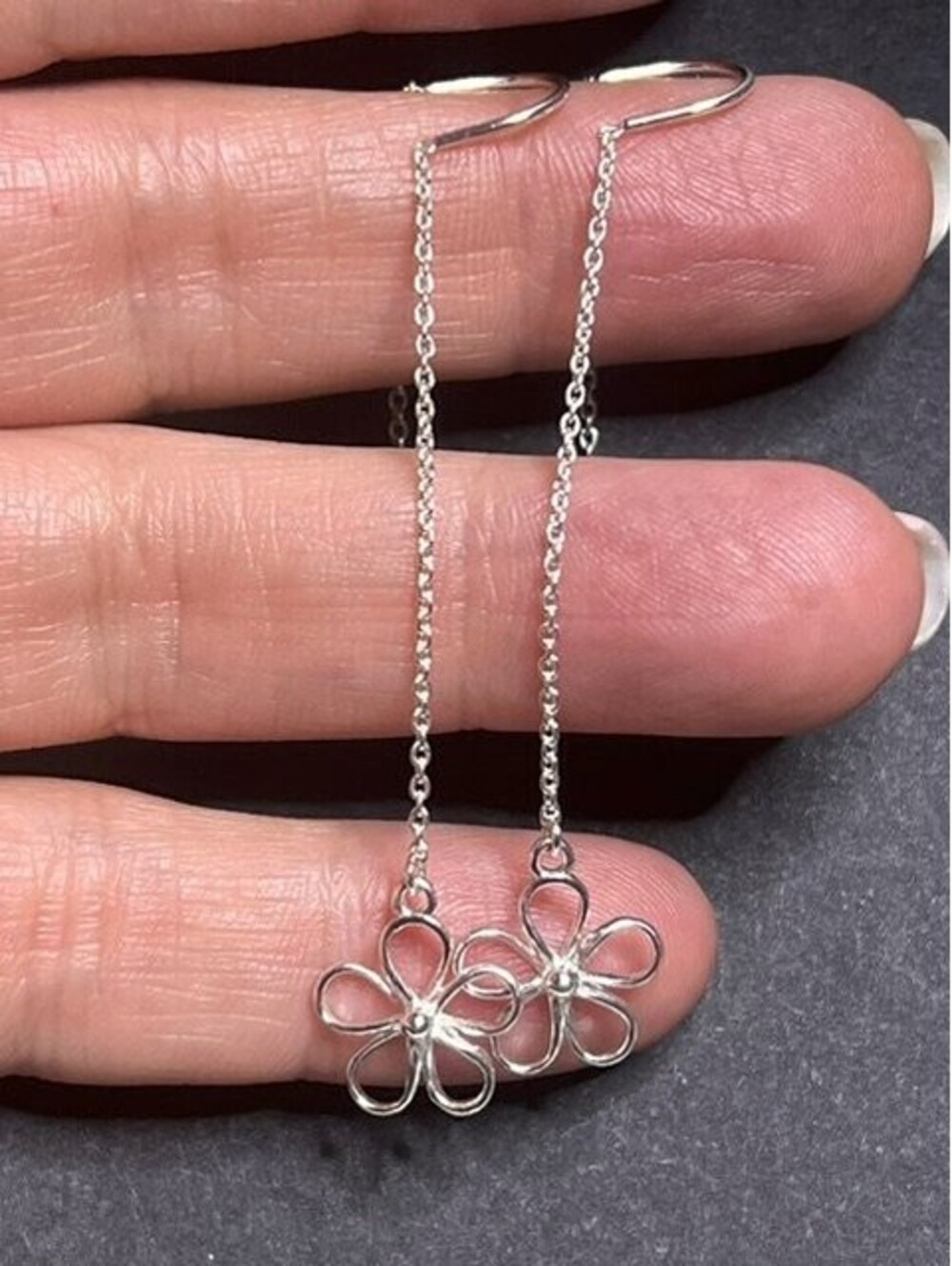 B6645 Sterling Silver NF Openwork Flower Threader Dangle Earrings 2.5"